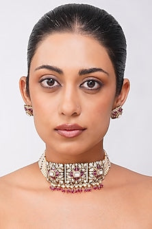 Gold Finish Kundan Polki & Ruby Stone Choker Necklace Set