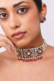 Gold Finish Kundan Polki & Ruby Stone Choker Necklace Set