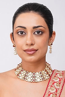Gold Finish Ruby Stone & Kundan Polki Necklace Set