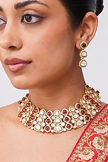 Gold Finish Ruby Stone & Kundan Polki Necklace Set