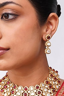 Gold Finish Ruby Stone & Kundan Polki Necklace Set