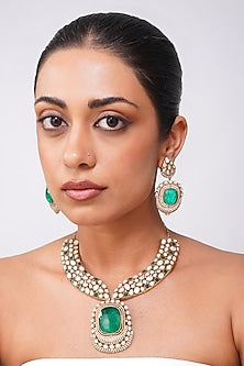 Gold Finish Kundan Polki & Emerald Stone Collar Necklace Set