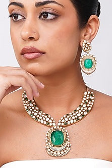 Gold Finish Kundan Polki & Emerald Stone Collar Necklace Set