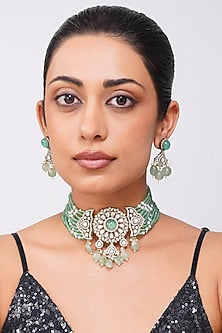 Gold Finish Mint Kundan Polki & Pearl Choker Necklace Set