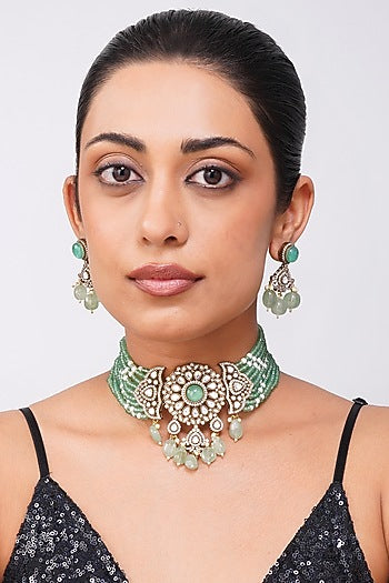 Gold Finish Mint Kundan Polki & Pearl Choker Necklace Set