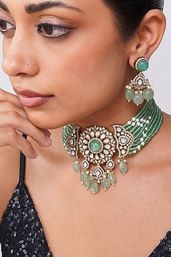 Gold Finish Mint Kundan Polki & Pearl Choker Necklace Set