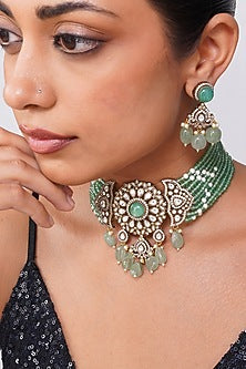 Gold Finish Mint Kundan Polki & Pearl Choker Necklace Set