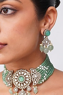 Gold Finish Mint Kundan Polki & Pearl Choker Necklace Set