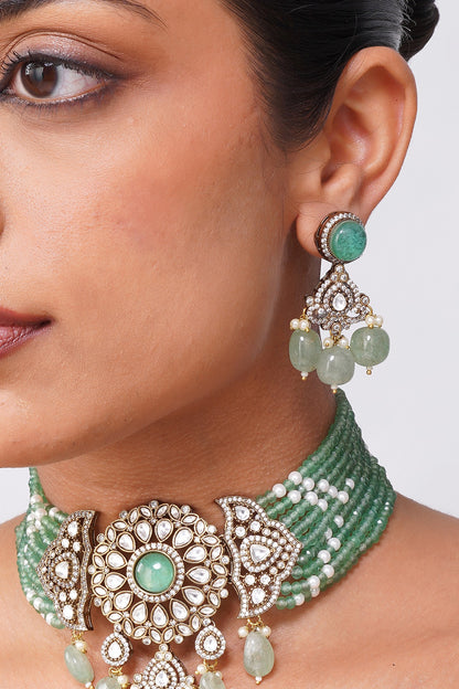 Gold Finish Mint Kundan Polki & Pearl Choker Necklace Set
