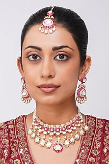 Gold Finish Kundan Polki & Ruby Pearl Necklace Set