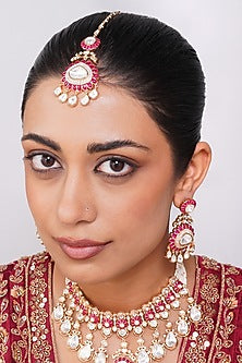 Gold Finish Kundan Polki & Ruby Pearl Necklace Set