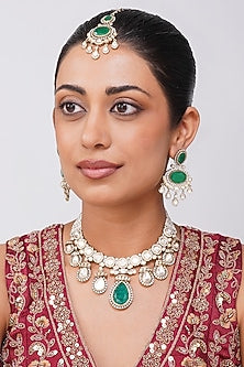 Gold Finish Kundan Polki & Emerald Green Pearl Necklace Set