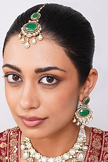 Gold Finish Kundan Polki & Emerald Green Pearl Necklace Set