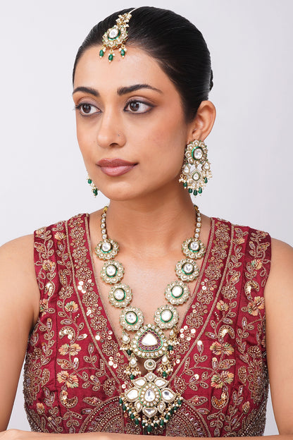 Gold Finish Kundan Polki & Emerald Green Beaded Rani-Haar Necklace Set