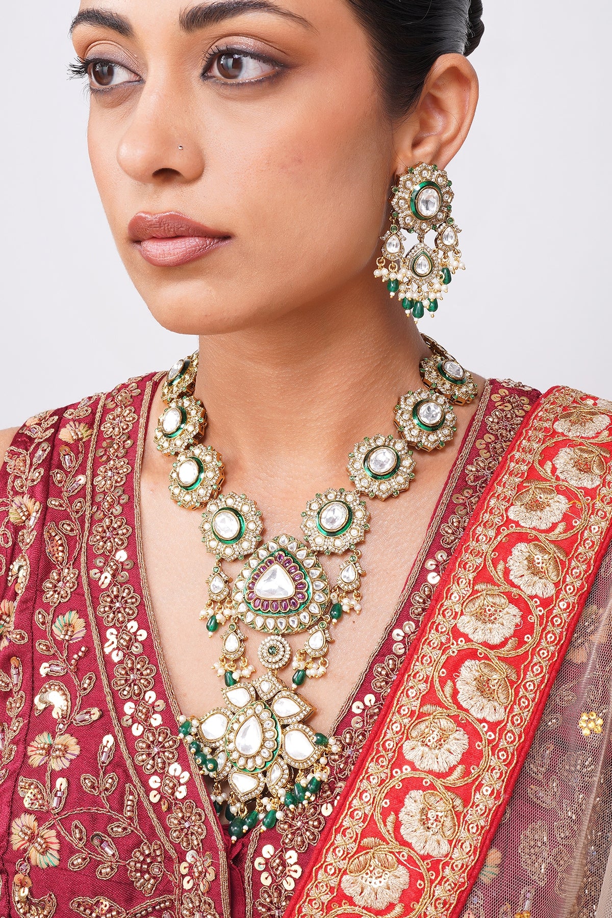 Gold Finish Kundan Polki & Emerald Green Beaded Rani-Haar Necklace Set
