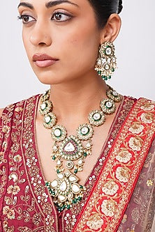 Gold Finish Kundan Polki & Emerald Green Beaded Rani-Haar Necklace Set