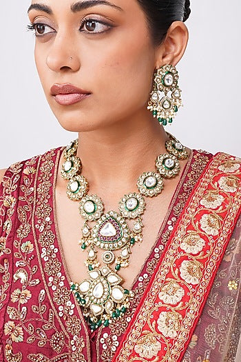 Gold Finish Kundan Polki & Emerald Green Beaded Rani-Haar Necklace Set