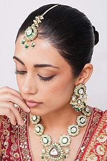 Gold Finish Kundan Polki & Emerald Green Beaded Rani-Haar Necklace Set
