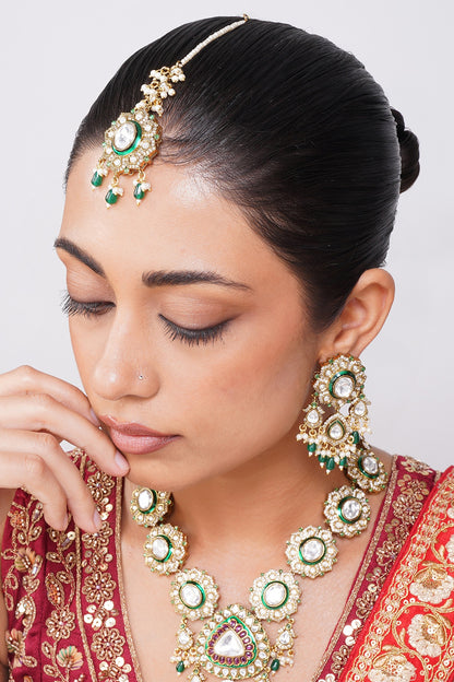 Gold Finish Kundan Polki & Emerald Green Beaded Rani-Haar Necklace Set