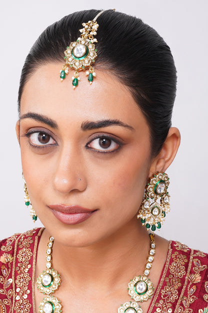 Gold Finish Kundan Polki & Emerald Green Beaded Rani-Haar Necklace Set