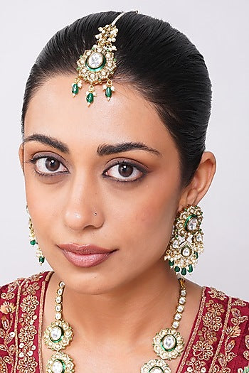 Gold Finish Kundan Polki & Emerald Green Beaded Rani-Haar Necklace Set