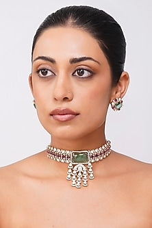 Gold Finish Green Kundan Polki Choker Necklace Set