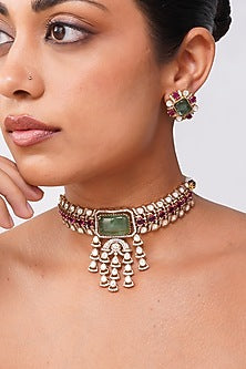 Gold Finish Green Kundan Polki Choker Necklace Set