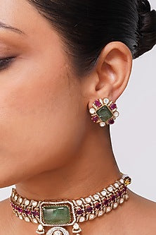 Gold Finish Green Kundan Polki Choker Necklace Set