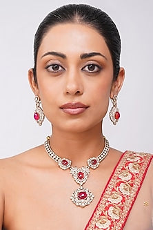 Gold Finish Kundan Polki & Ruby Red Stone Necklace Set