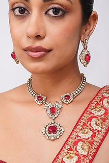 Gold Finish Kundan Polki & Ruby Red Stone Necklace Set