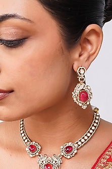 Gold Finish Kundan Polki & Ruby Red Stone Necklace Set