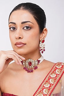 Gold Finish Kundan Polki & Ruby Stone Choker Necklace Set