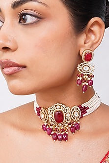 Gold Finish Kundan Polki & Ruby Stone Choker Necklace Set