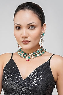 Gold Plated Kundan Polki & Ruby Red Stone Necklace Set