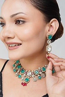 Gold Plated Kundan Polki & Ruby Red Stone Necklace Set