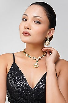 Gold Plated Kundan Polki & Emerald Green Stone Necklace Set