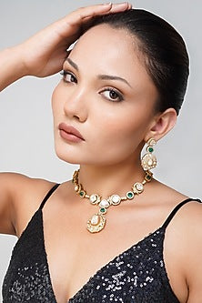 Gold Plated Kundan Polki & Emerald Green Stone Necklace Set