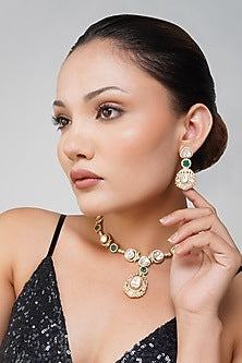 Gold Plated Kundan Polki & Emerald Green Stone Necklace Set