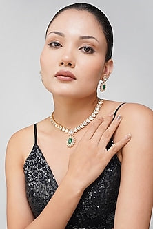 Gold Finish Kundan Polki & Emerald Green Stone Necklace Set