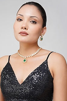 Gold Finish Kundan Polki & Emerald Green Stone Necklace Set