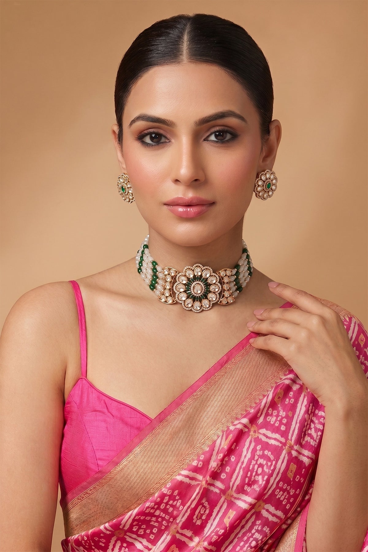 Gold Finish Kundan Polki & Emerald Stone Choker Necklace Set