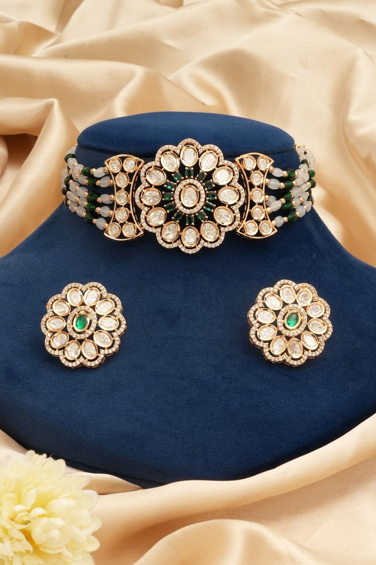 Gold Finish Kundan Polki & Emerald Stone Choker Necklace Set
