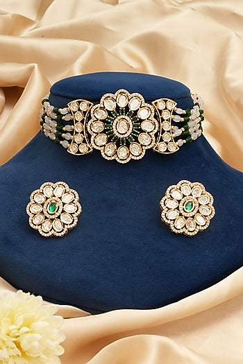Gold Finish Kundan Polki & Emerald Stone Choker Necklace Set
