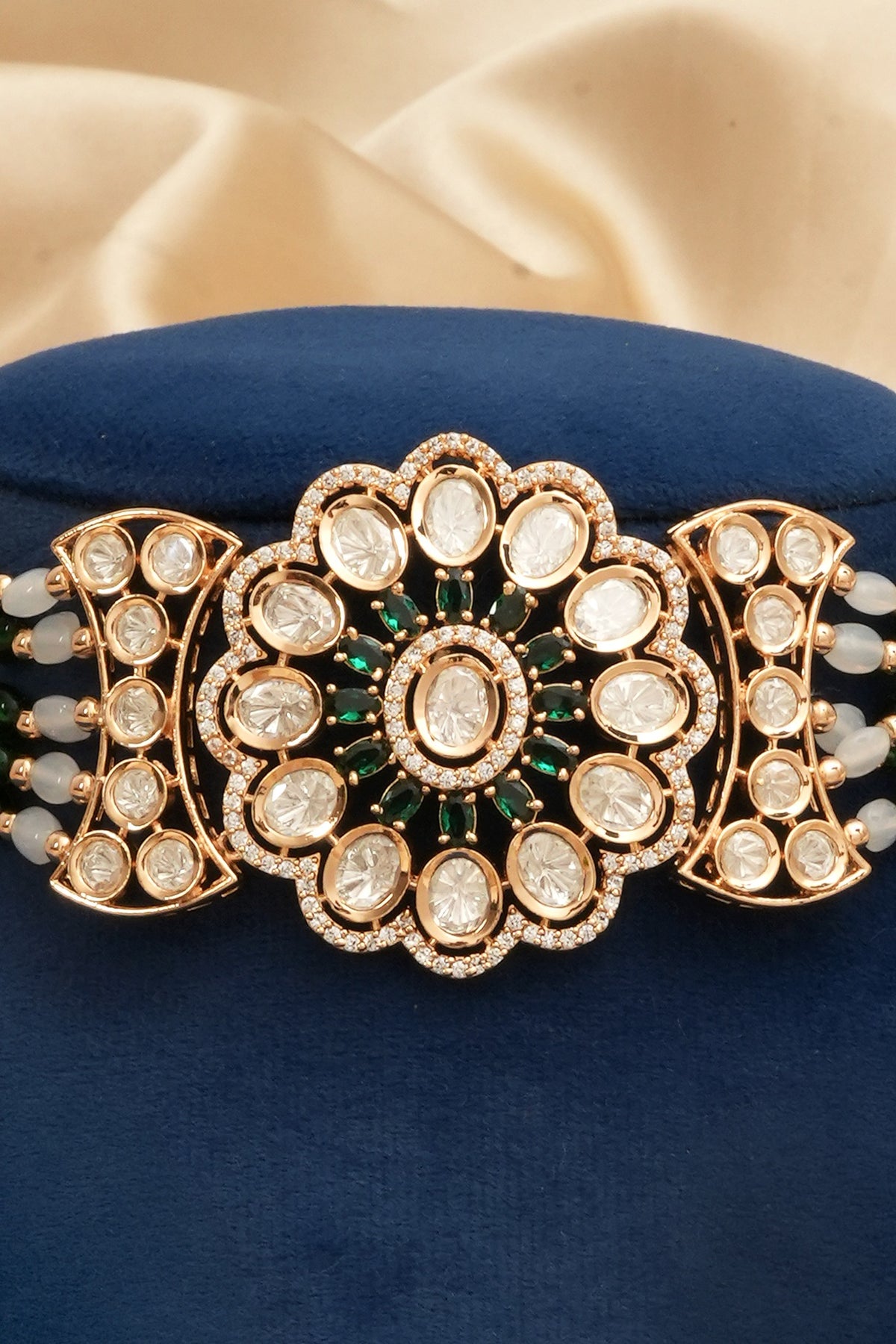 Gold Finish Kundan Polki & Emerald Stone Choker Necklace Set