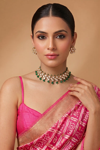 Gold Finish Kundan Polki & Emerald Stone Choker Necklace Set