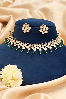 Gold Finish Kundan Polki & Emerald Stone Choker Necklace Set
