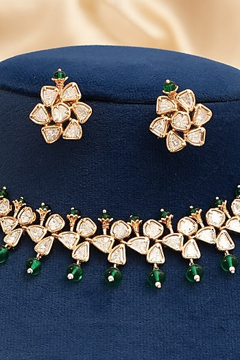 Gold Finish Kundan Polki & Emerald Stone Choker Necklace Set