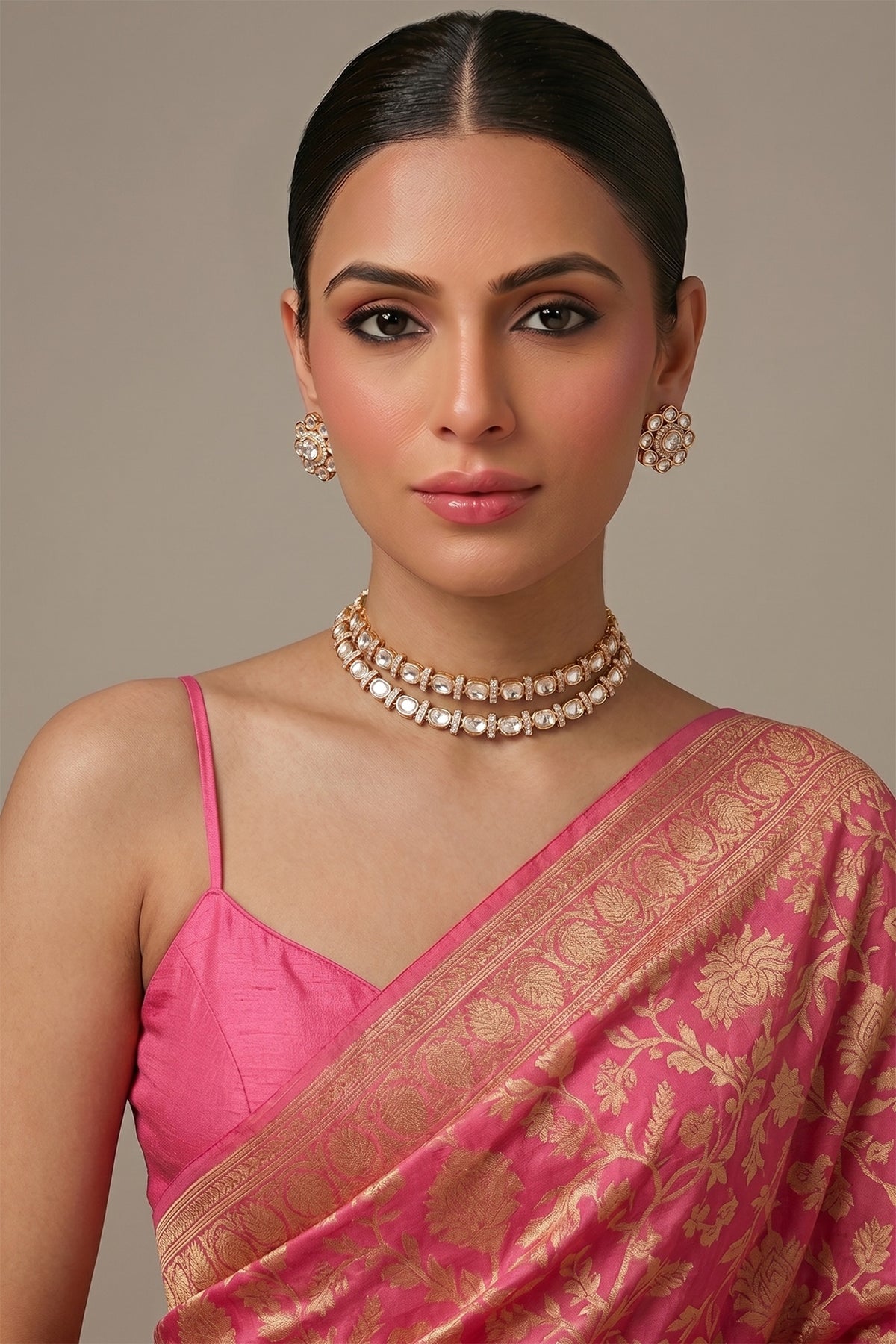 Gold Finish Kundan Polki Layered Necklace Set