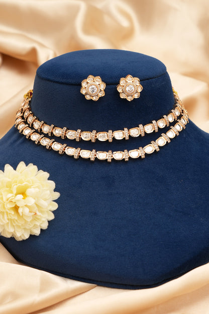 Gold Finish Kundan Polki Layered Necklace Set