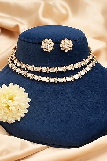 Gold Finish Kundan Polki Layered Necklace Set